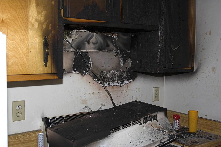 fire damage over stove in kitchen