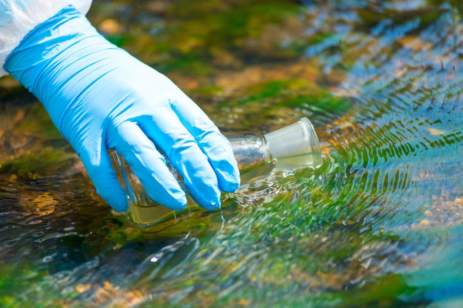 Water is being gathered from a stream