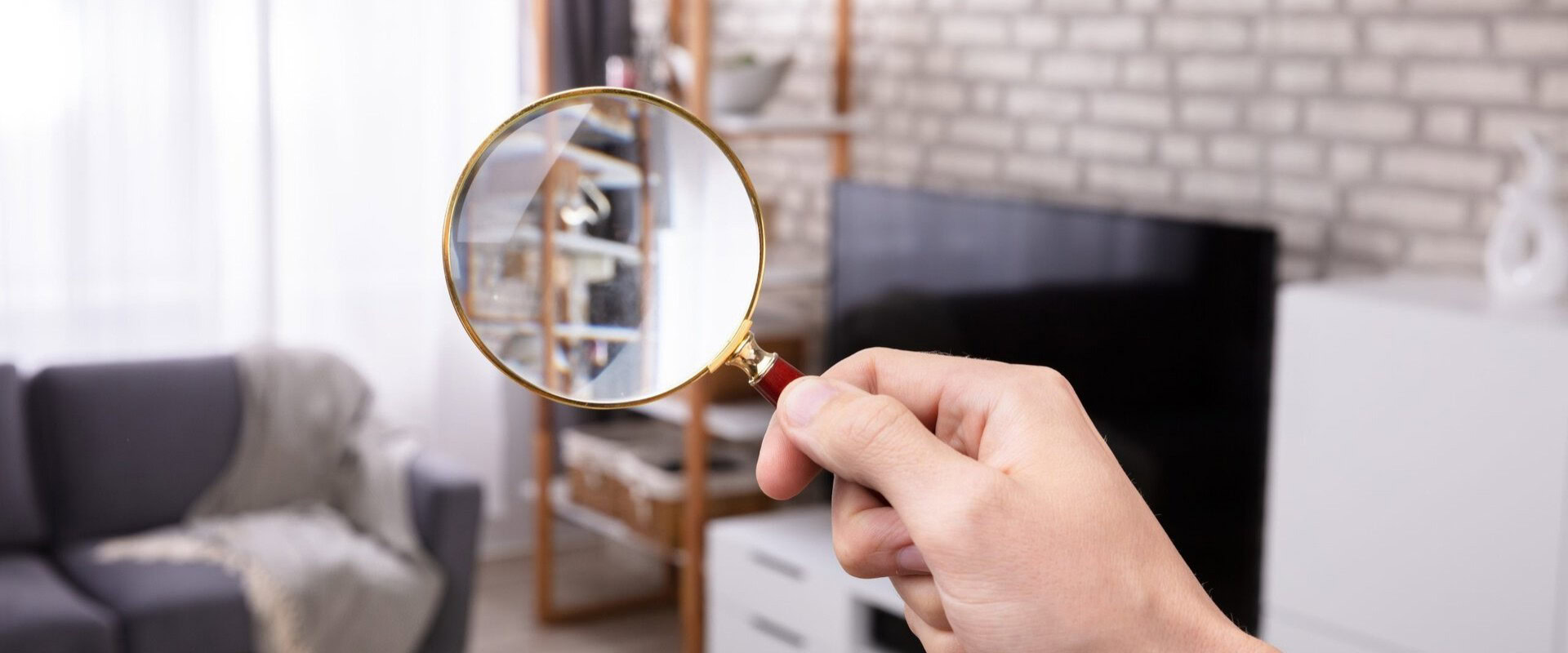 A hand holds a magnifying glass over a shelf in a living room, focusing on items on the shelf.